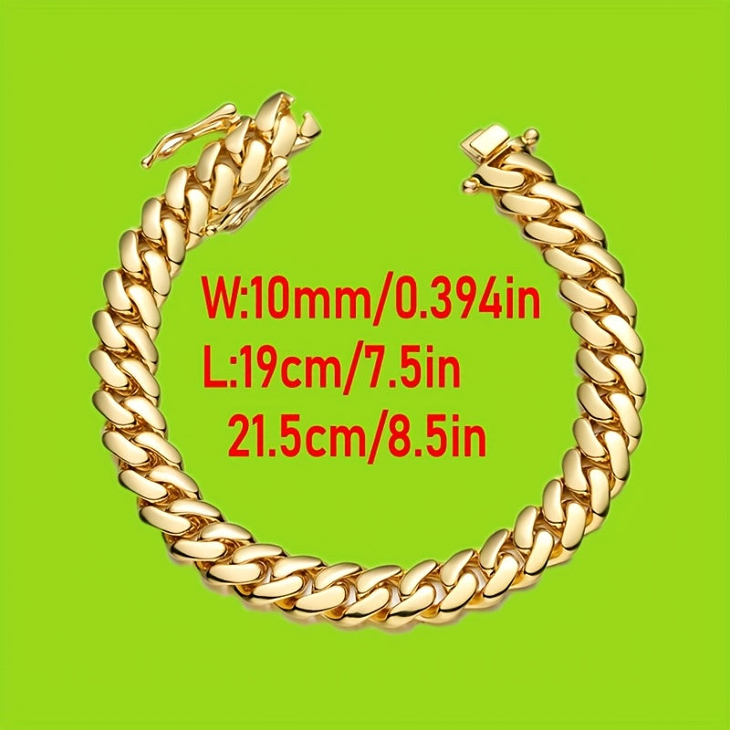 2pcs Cuban Links Chain Necklace Bracelet for Men 18K Golden Plated Plated 10mm Stainless Steel Curb Punk Hip Hop Jewelry Set