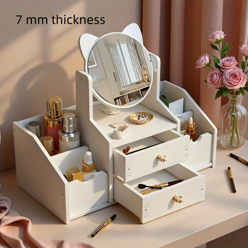 Jewelry Box, Dressing Table with Cat Ear Mirror, Perfect Choice for Home or Bedroom Organization, Durable Construction, Ideal for Birthdays, Christmas, and as a Gift.