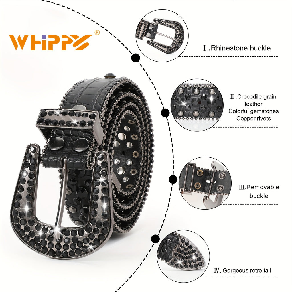 WHIPPY 1pc Men'S Rhinestone Faux Leather Belt, Western Faux Crocodile Grain Faux Leather Strap Belts for Cowboy Jeans Pants Halloween Gift