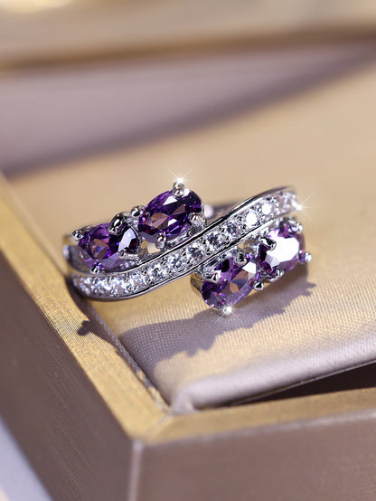 Purple Zirconia Ring S925 Sterling Silver - Elegant Synthetic Gemstone Charm Ring for Women Bride Wedding Engagement Shiny Jewelry Gift Size 6 7 8 9 10