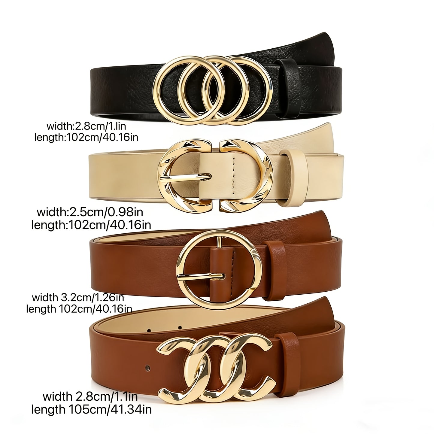 Women's Belt Set 4Pcs - Retro Gold Metal Buckle Adjustable Fashion Waist Belts for Jeans Dresses & Skirts, Elegant Vintage Style Daily Casual Outfit Accessories, One Size