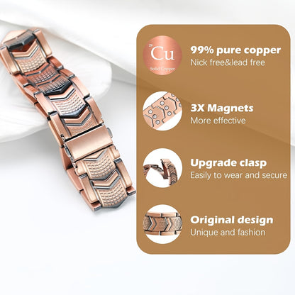 Men's Copper Magnetic Bracelet 3800 Gauss High Strength Therapy Wristband with Folding Clasp – Black Gold Design, Comfort Fit for Gym, Office & Formal Wear, Durable Magnetic Jewelry Gift for Him