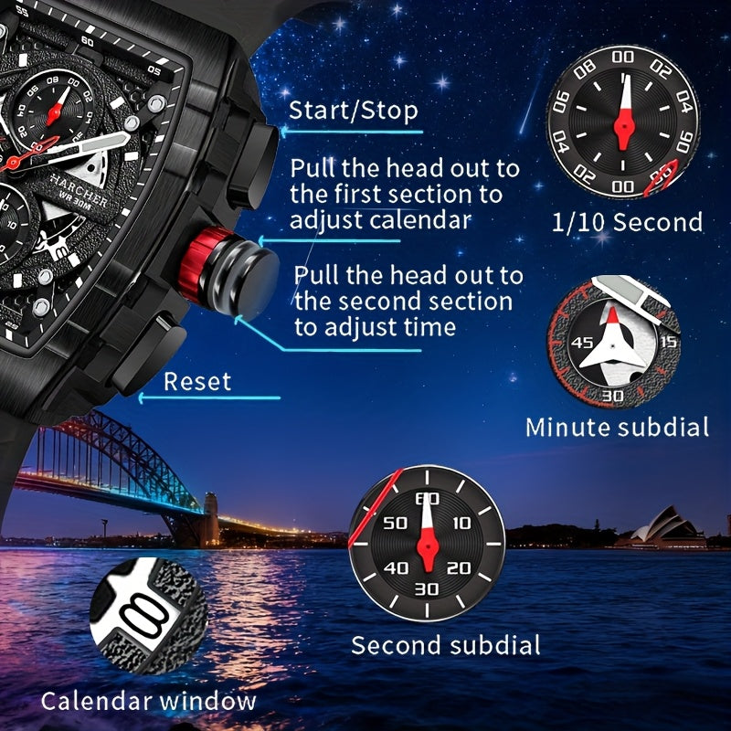 Chronograph Watch for Men Luxury Tonneau Sport Quartz Wristwatch Luminous Waterproof Racing Silicone Band 3ATM Multi-Function Fashion Watch