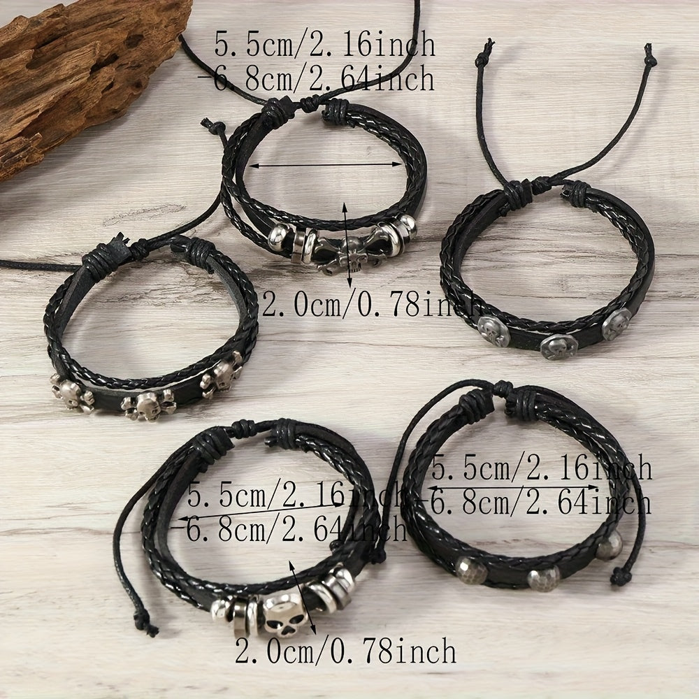 Random10/ 20/ 30pcs Punk Hip Hop Style Faux Leather Bracelets Set Multi-layer Skull Cross Star Halloween Chic Infinity Symbol Design Vintage Black for Teen And Gifts Thanksgiving Father's Day Graduation Creative Metal Dots Fashion Jewelry
