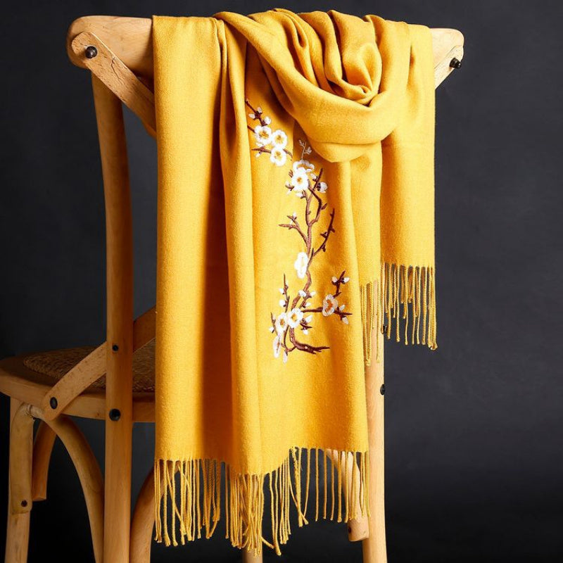 Autumn Winter Imitation Cashmere Embroidered Scarf | Ethnic Style Tassel Shawl, New Cold-Proof Warm Solid Color Women'S Neck Warmer, Vintage Craftsmanship, Hand Wash or Professional Dry Clean