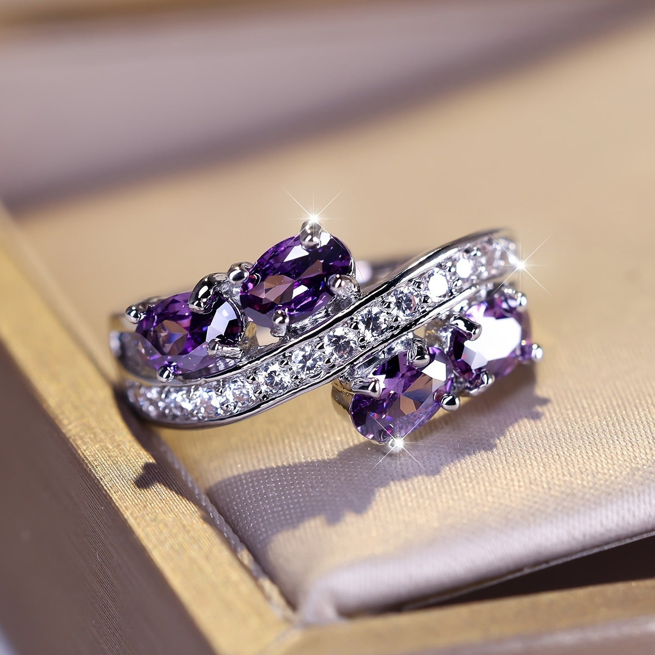Purple Zirconia Ring S925 Sterling Silver - Elegant Synthetic Gemstone Charm Ring for Women Bride Wedding Engagement Shiny Jewelry Gift Size 6 7 8 9 10