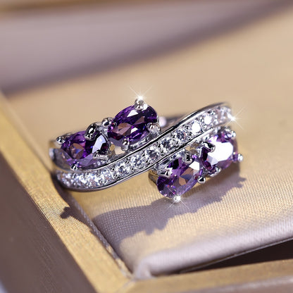 Purple Zirconia Ring S925 Sterling Silver - Elegant Synthetic Gemstone Charm Ring for Women Bride Wedding Engagement Shiny Jewelry Gift Size 6 7 8 9 10