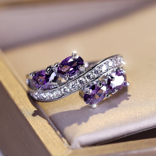 Purple Zirconia Ring S925 Sterling Silver - Elegant Synthetic Gemstone Charm Ring for Women Bride Wedding Engagement Shiny Jewelry Gift Size 6 7 8 9 10