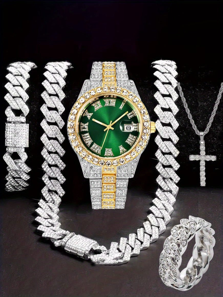 Men'S Hip Hop Set: Trendy Watch, Cuban Chain Pendant Necklace And Bracelet Combo, Stylish Men'S Additions Gift for Christmas, Birthday, Valentine'S Day, And Father'S Day