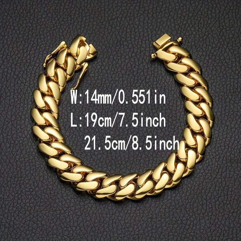 2pcs Thick 18K Gold Plated Plated Hip Hop Jewelry Set Stainless Steel 14mm Men Cuban Link Chain Pattern Buckle Necklace Bracelet