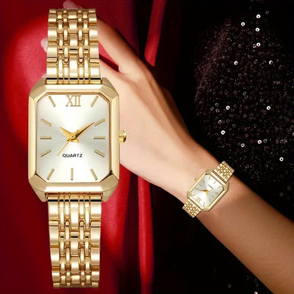 5pcs Women'S Stylish Elegant- Golden Tone Quartz Watch& Jewelry Set- Square Golden White Dial with Matching Necklace, Earrings, Ring- Parties Jewellery for women Set- Ideal Choice for Christmas Gift, Formal Occasions, Party Accessories