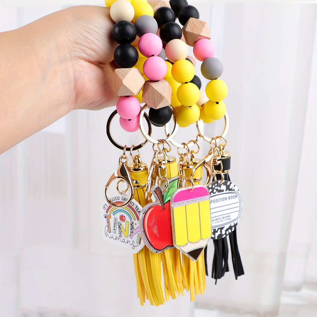 4pcs/set TEACH Pencil Apple Notebook Pendant Handmade Beaded Wrist Keychain Anti Lost Car Keychain Bag Decoration Pendant Hanging Decoration Teacher'S Day Gift Graduation Season Back to School Season Gift, Keychain Accessory, Decorative Charm