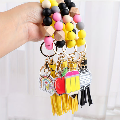 Teacher Beaded Wrist Keychain Set 4pcs – Handmade TEACH Pencil Apple Notebook Charm, Anti-Lost Car Keychain Bag Pendant, Teacher's Day Graduation Back to School Gift