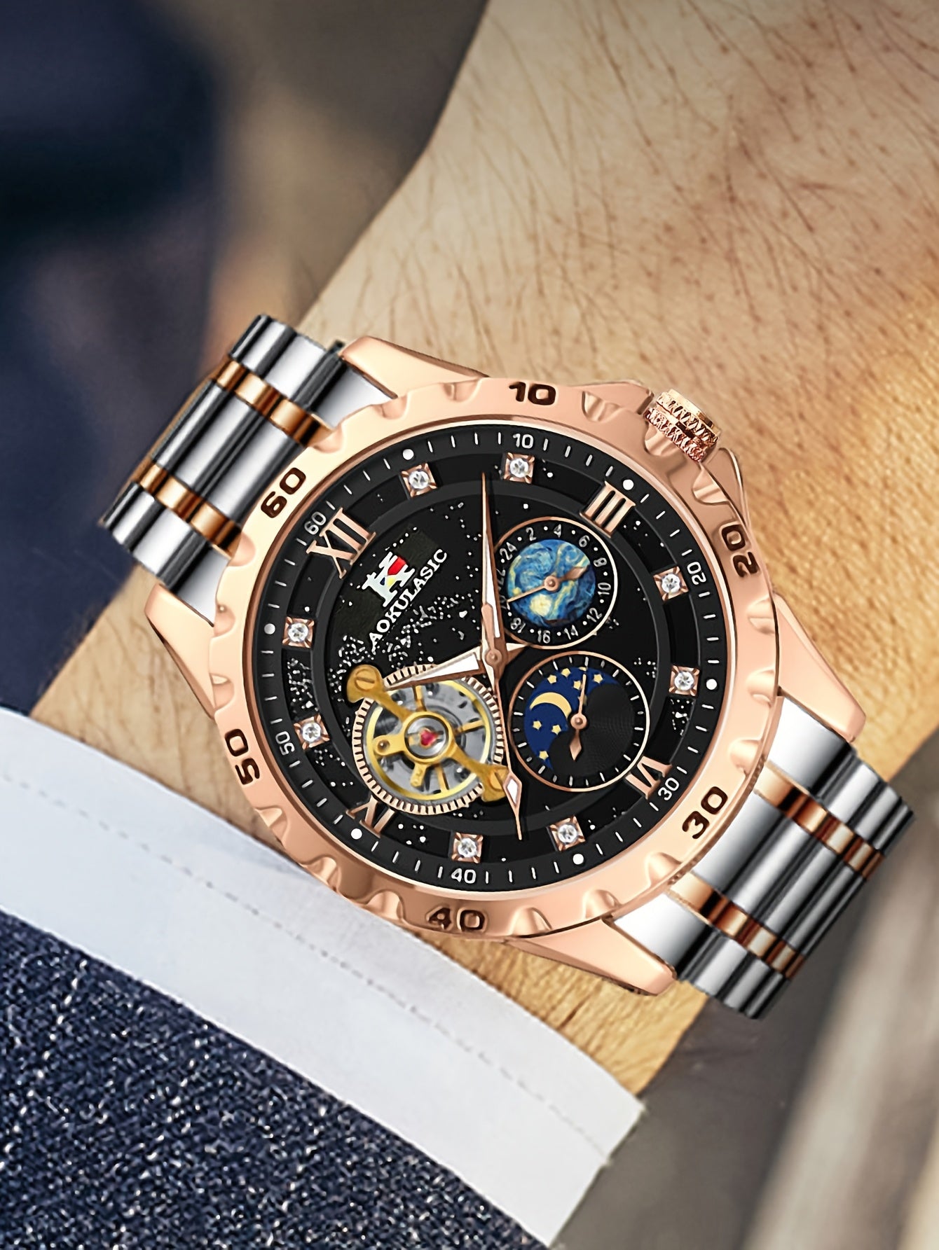 Automatic Mechanical Watch Men Tourbillon Skeleton Rose Gold Stainless Steel – Starry Sky Luminous Dial Iced Out Business Casual Wristwatch Gift Box