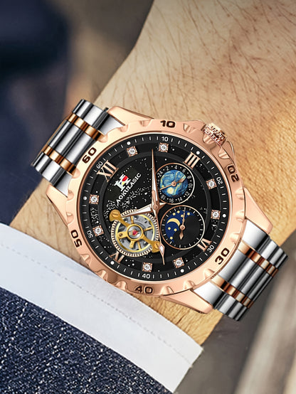 Automatic Mechanical Watch Men Tourbillon Skeleton Rose Gold Stainless Steel – Starry Sky Luminous Dial Iced Out Business Casual Wristwatch Gift Box