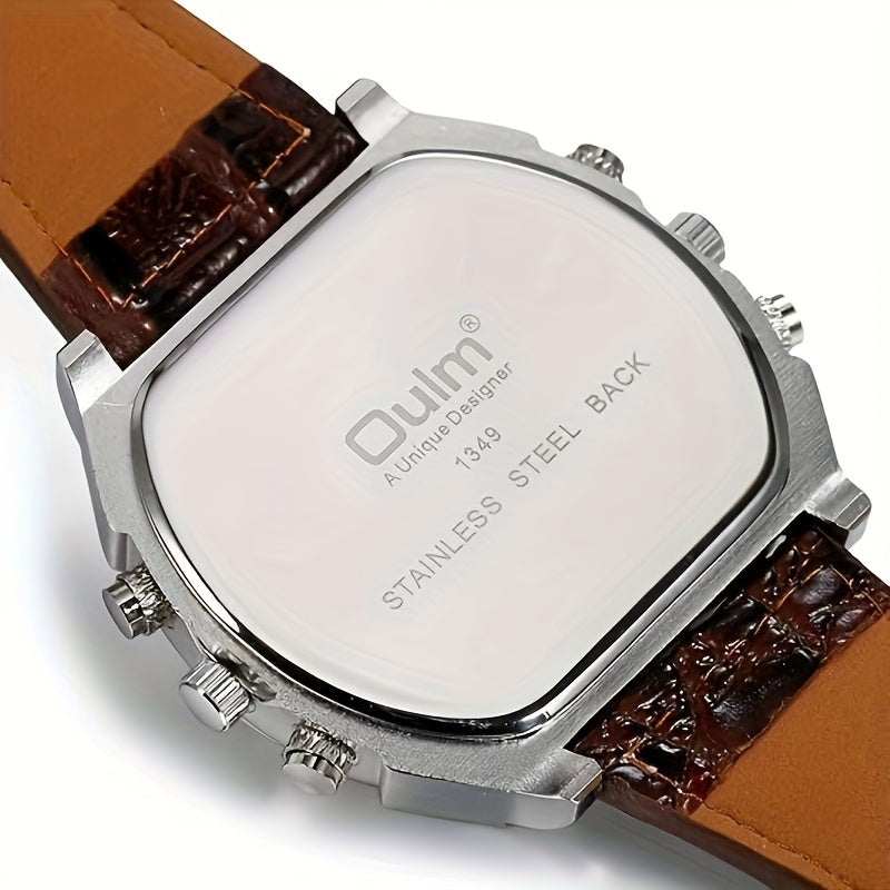 Men's Dual Time Zone Quartz Watch – Large Dial Luminous Faux Leather Wristwatch, Casual Sport Business Style, Cool Gift for Him