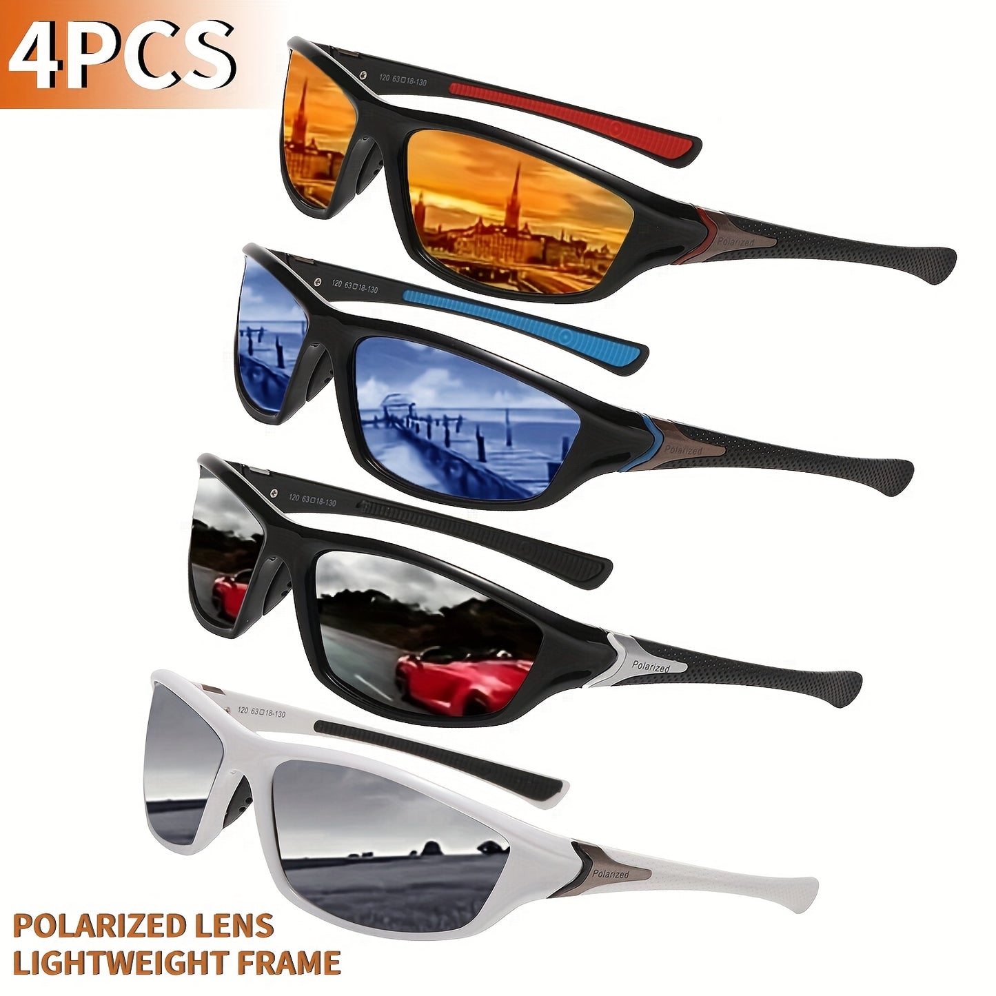 Sports Sunglasses 4 Pack UV400 Full Frame - Ultra-Light PC Lens Bulk Set Men Women Cycling Running Hiking Fishing Outdoor Activities