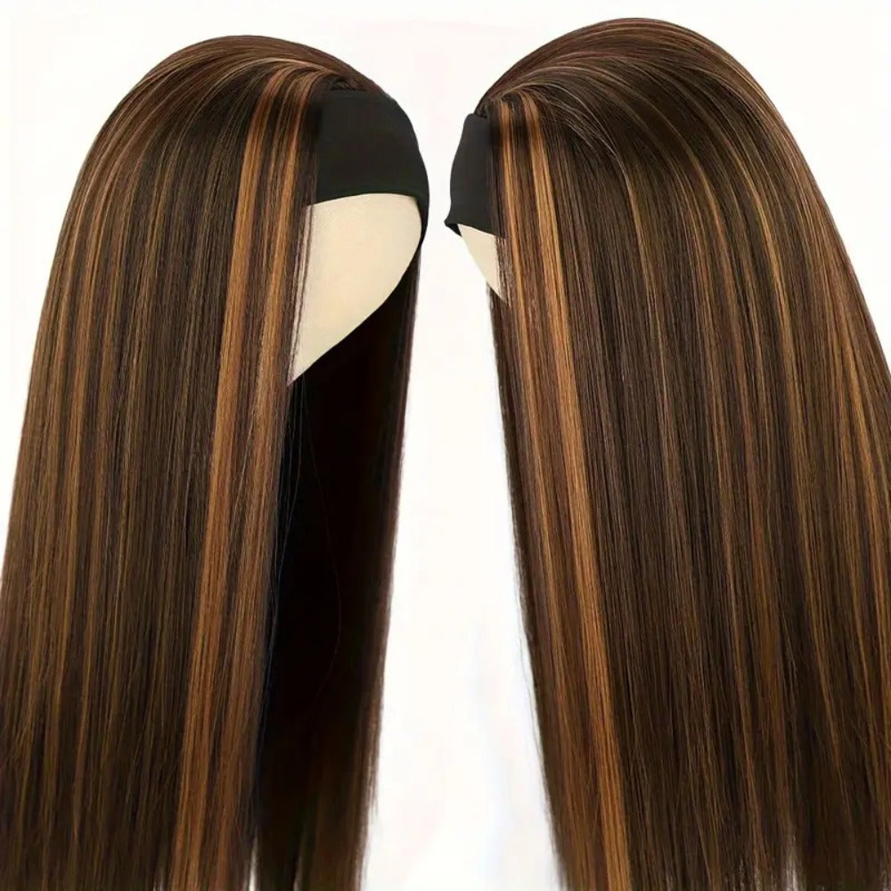 A 26-Inch Wig with Headband, Long Straight Headband, Integrated Natural Fashion Brown Golden Mixed Color Women'S Headband, Suitable for Daily Role-Playing, Halloween, Holiday Parties, Stage Performances, And Fashion Events