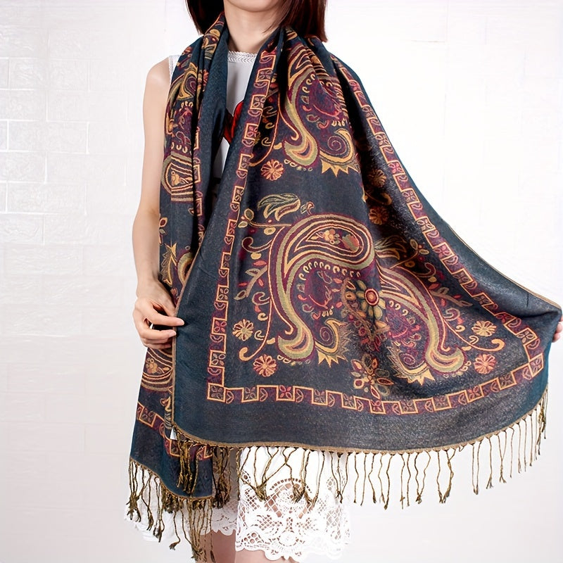 Brightly Colored Paisley Patterned Burgundy Scarf - Cozy, Warm, And Adaptable Neck Wrap Ideal for Travel, Music Festivals, And Daily Fashion - Ethnic-Inspired Shawl with Fringe Accents