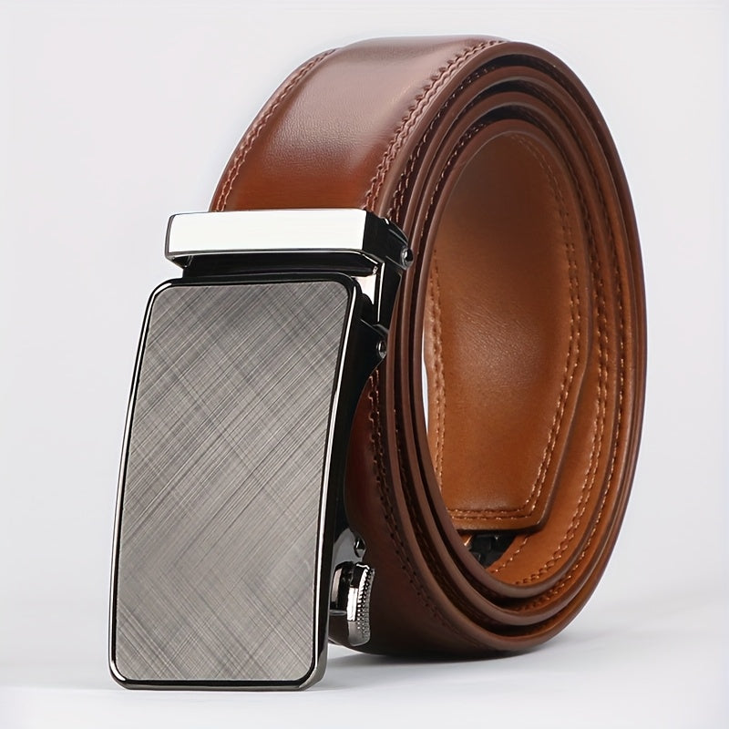 Men's Leather Belt Automatic Buckle Ratchet Belt - Adjustable Trim-to-Fit No Hole Dress Belt for Business Casual Formal Wear, Black & Brown, 110-130cm