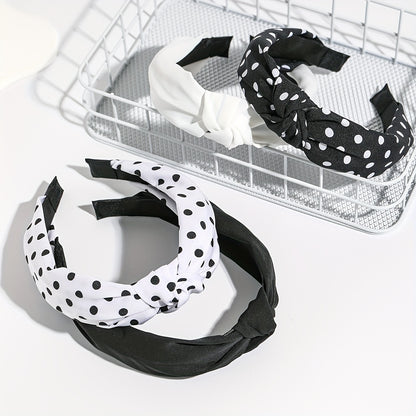 Knotted Headbands for Women 4 Pack – Wide Brimmed Polka Dot Hair Bands, Black & White Retro Minimalist Bow Knot Head Wrap, Stylish Cute Hair Accessories for Daily Wear & Casual Outfits