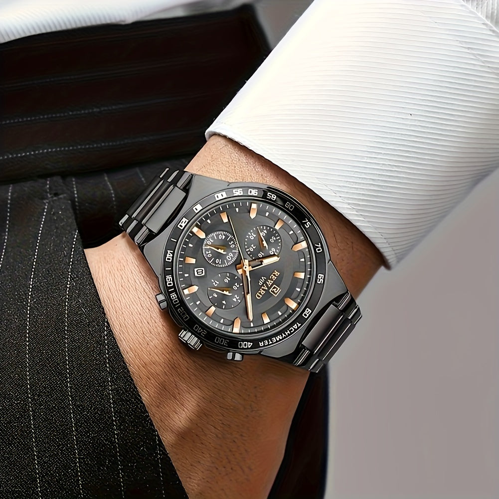 Reward VIP Black Quartz Chronograph Watch for Men – Sport Luminous Stainless Steel Wristwatch, Waterproof-Style Men's Dress Watch Reloj Hombre
