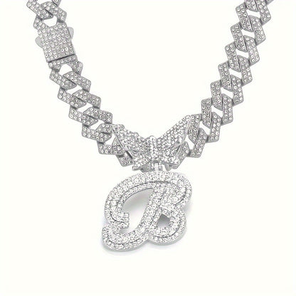 Cuban Link Chain Necklace - Initial Letter for Men Women - with Butterfly Alphabet Pendant A-Z, Gold & - product detail view