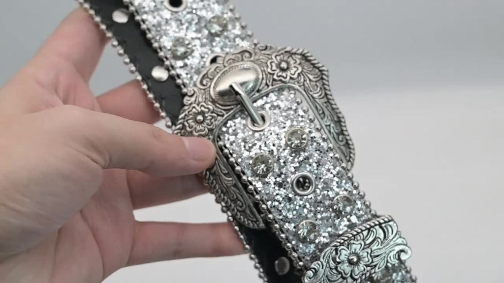 Luxurious Sparkly Sequin Belt | Black Silvery Western Punk Style Rhinestone-Embellished Belt with Rivet Decorations, Exquisitely Carved Silvery Buckle & Adjustable Holes | Daily Fashion Metal Accent for Halloween, Summer, School, Autumn, Halloween