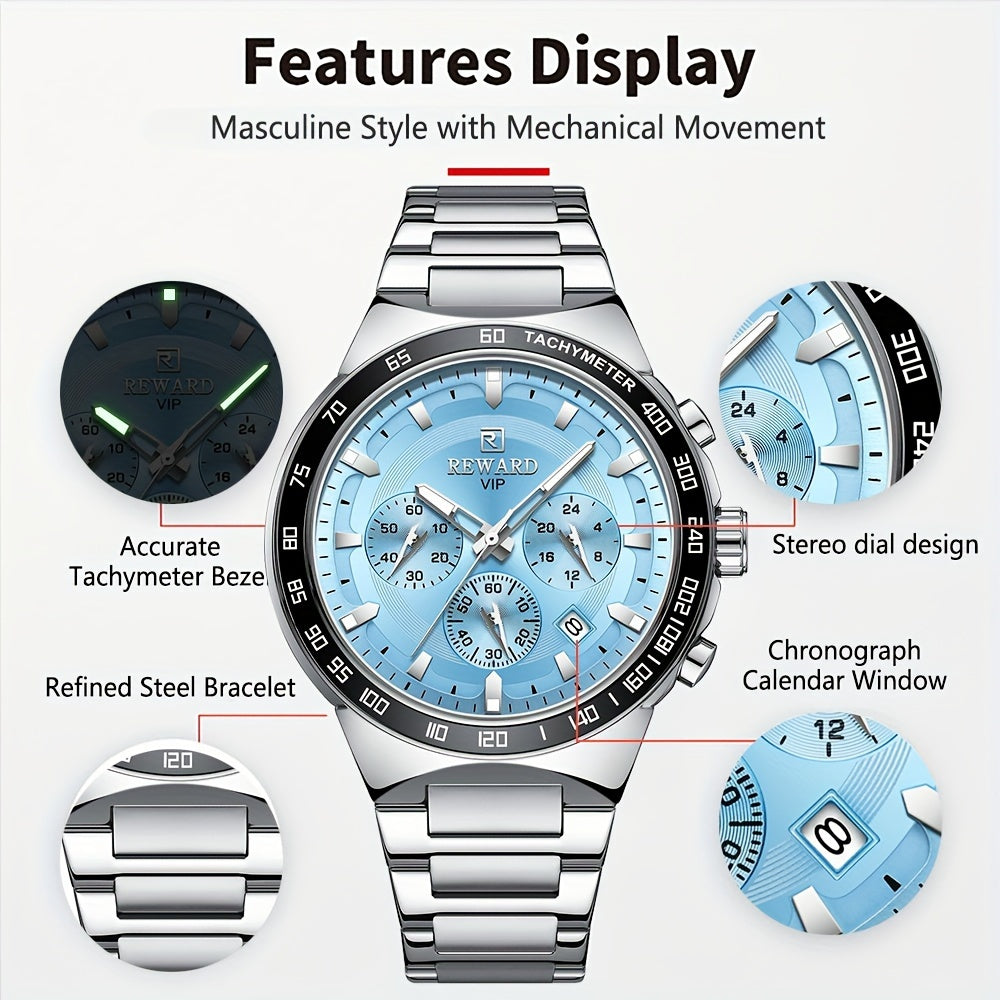 REWARD VIP Ice -Blue Quartz Watches For Men Sport Chronograph Luminous Wrist Watches Stainless Steel Wristwatch
