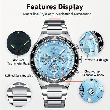 Chronograph Sport Watch Men REWARD VIP Luminous Stainless Steel – Quartz Wristwatch Ice Blue Golden Black, Men's Dress Watch Reloj Hombre