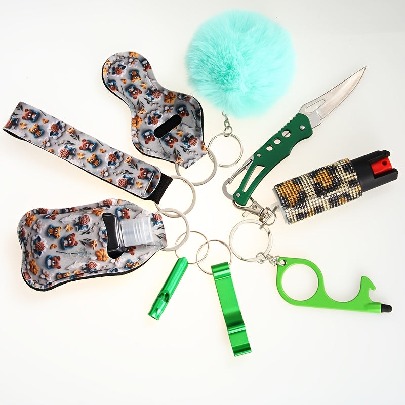 Women's Personal Safety Keychain Set – Self Defense Tools with Whistle, Pocket Knife & Pepper Spray Holder, Everyday Carry EDC Accessories, Gift for Women