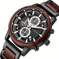 1pc Men'S Wooden Timepiece, Featuring Multifunctional Quartz Chronograph And Date Display, Handcrafted from Wood, with a Luminous, Stylish, And Lightweight Design Combining Wood And Stainless Steel