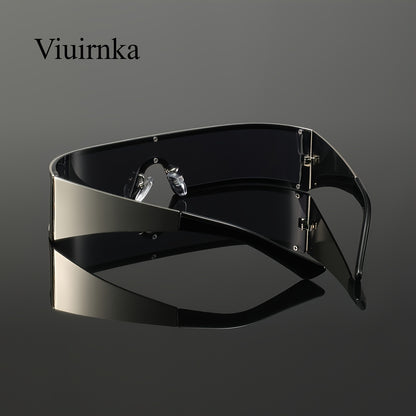 Cyberpunk Metal Wraparound Glasses for Men – Wide Temple Futuristic Design with Case, Lightweight Street Style Fashion Eyewear, Perfect Halloween & Christmas Gift for Cool Event Wear
