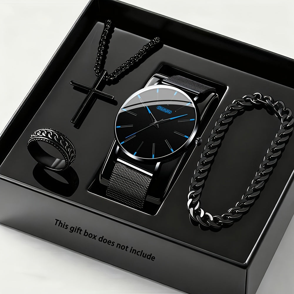 [Casual Business Special] 4pcs Men's Luxury Watch And Set - Quartz Analog Watch with Black And Red Hands, Matching Bracelet And Necklace, Analog/Digital-Like Sub-Dials - Low Voltage for Casual/Business/Special Occasions - Complete