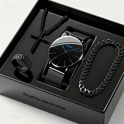Luxury Watch Set for Men 4pcs Quartz Analog Watch Bracelet Necklace Gift Box Set Business Casual Formal Occasion Fashion Accessories