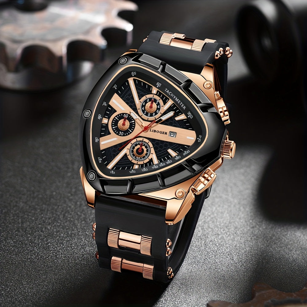 Men's 2-Piece Watch Set – Triangle Dial Silicone Strap & Retro Square Dial Faux Leather, Date Display Sport Dress Watches, Gift for Him