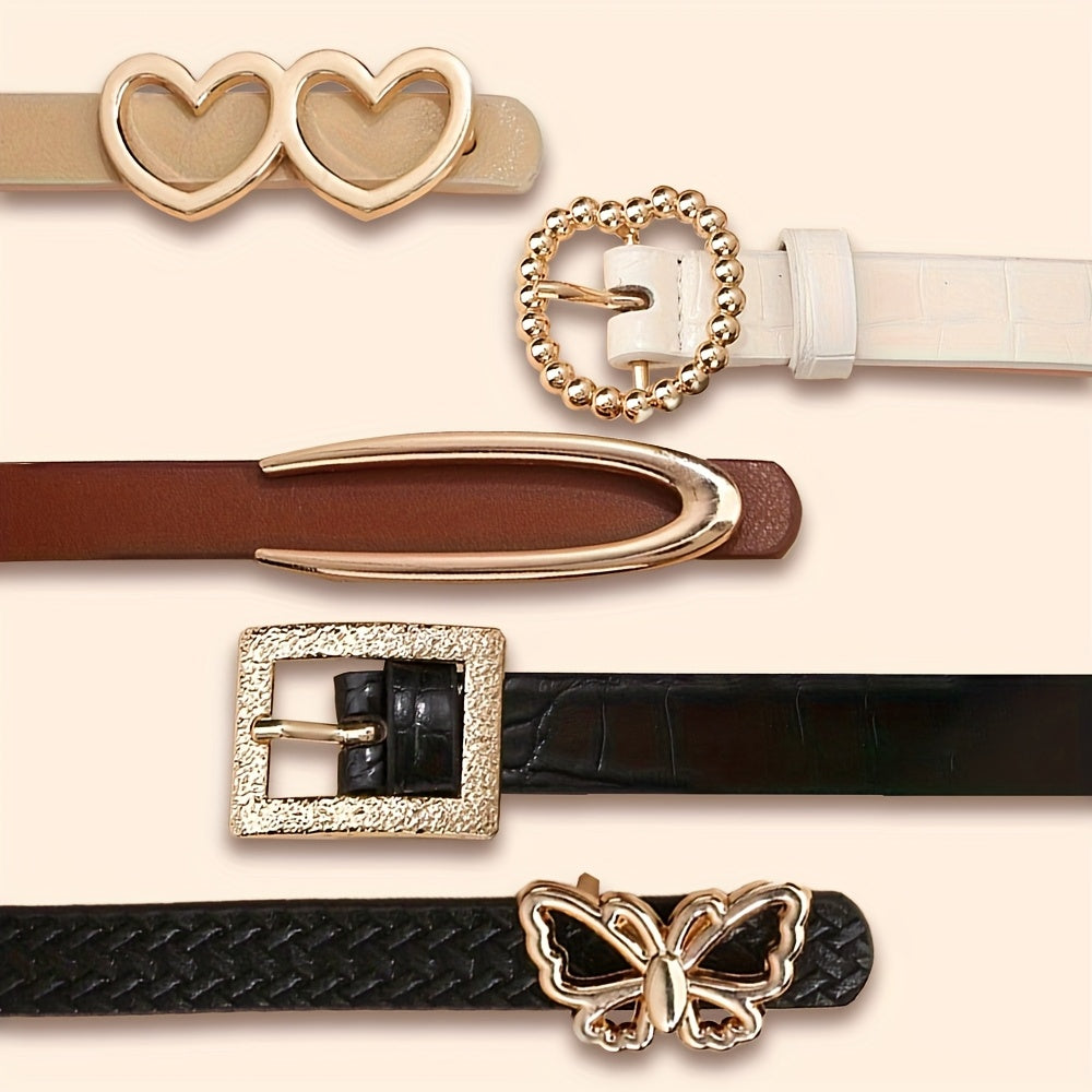 5pcs Fashionable PU Belts with Vintage Buckles Multicolor Solid Colors for Jeans And Casual Wear