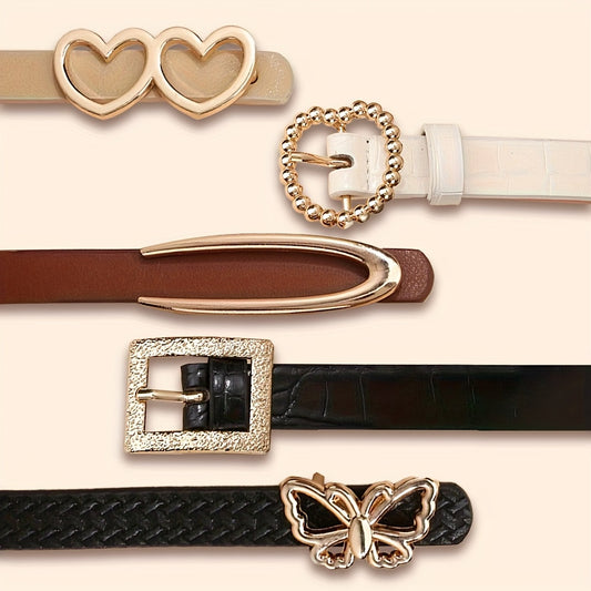 5pcs Fashionable PU Belts with Vintage Buckles Multicolor Solid Colors for Jeans And Casual Wear