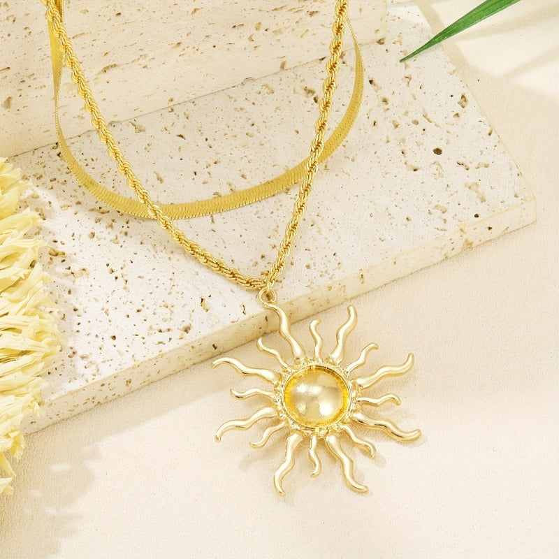 Double Layer Snake Chain Necklace with Sun Flame Pendant – Boho Gold Copper Layered Jewelry for Women, Casual Everyday Wear & Gift