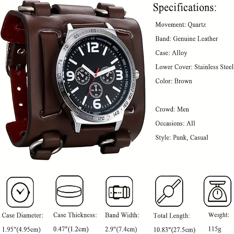 Men's Punk Rock Biker Watch — Wide Leather Strap, Three-Eye Dial, Quartz | Black & Brown
