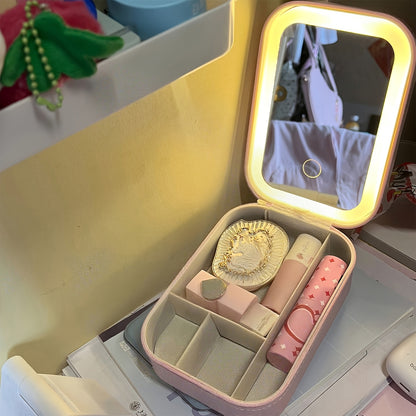 Travel Makeup Bag with LED Mirror Jewelry Box Portable Rechargeable 3 Color Adjustable Light Vanity Case Organizer Wedding Bridal Mother's Day Gift