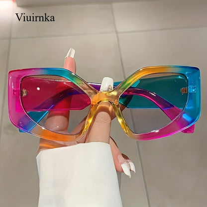 Polygonal Sunglasses Women Trendy Geometric Frame UV400 Gradient Multicolor Lightweight Fashion Shades with Case for Beach Vacation Travel Daily Wear Unisex Stylish Eyewear