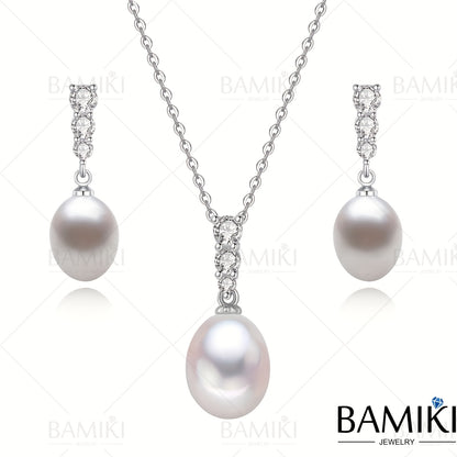 Pearl Pendant Necklace Set S925 Sterling Silver Freshwater Cultured Pearl 9-10MM Pendant Jewelry Set for Women Gift