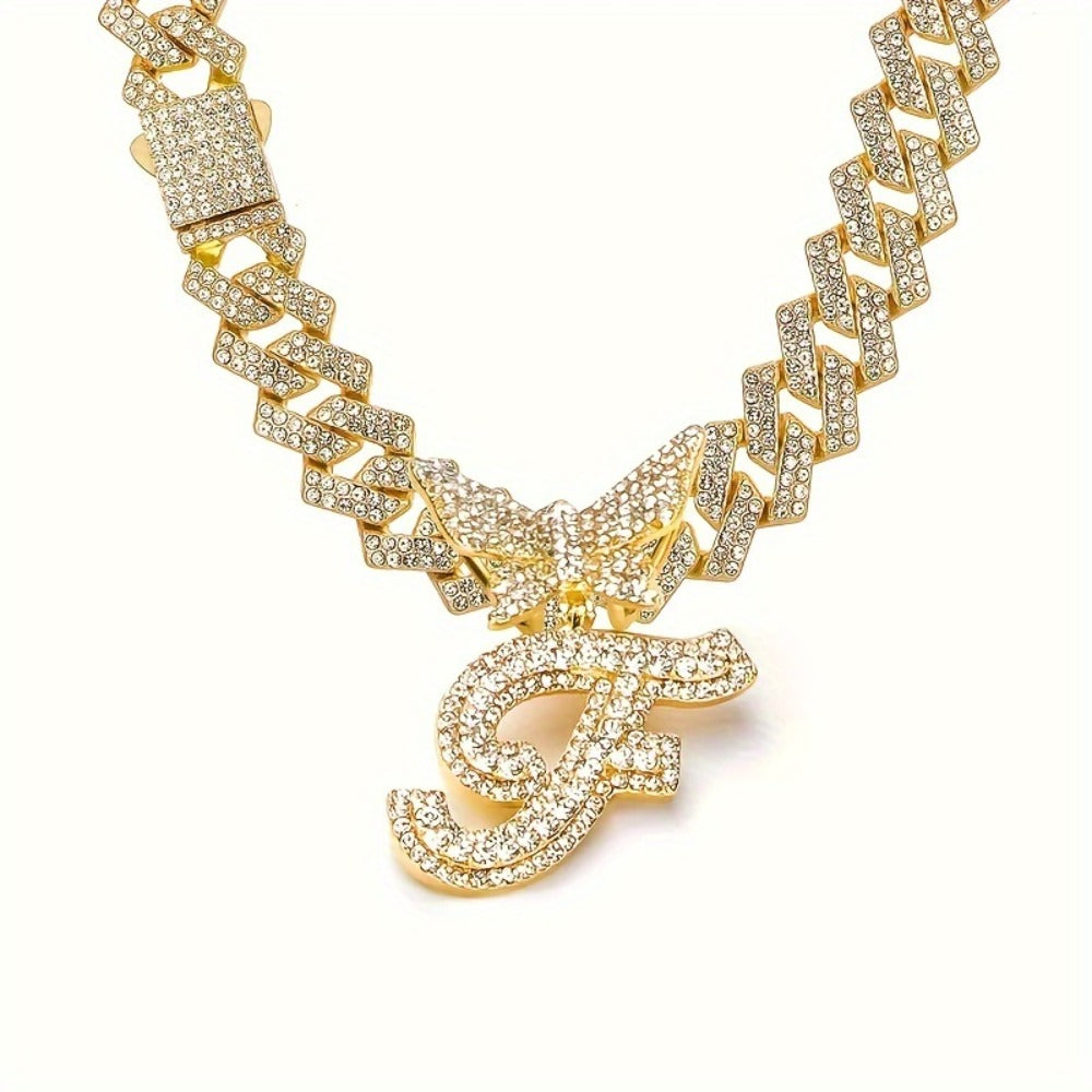 Cuban Link Chain Necklace - Initial Letter for Men Women - with Butterfly Alphabet Pendant A-Z, Gold & - product detail view