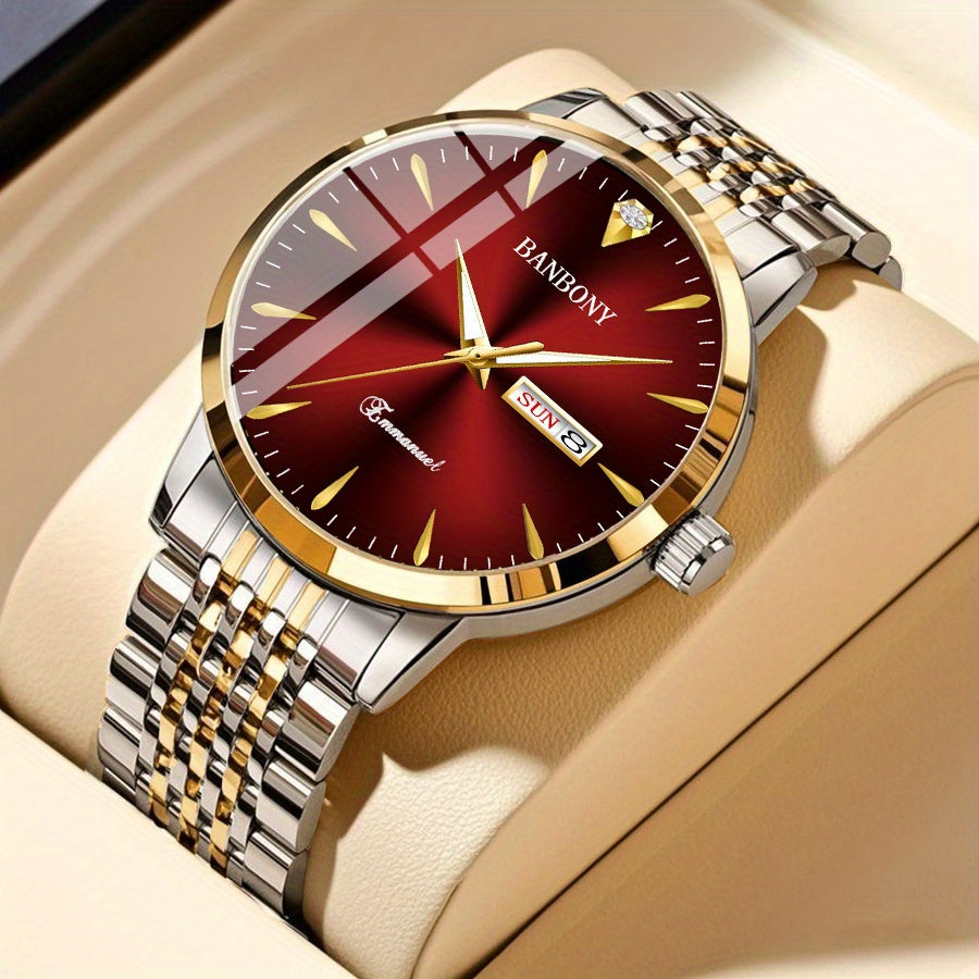 Unisex Rhinestone Stainless Steel Quartz Watch with Date Display - IPX7 Waterproof, Gold-Tone Finish, HD Dial, Elegant Casual Wristwatch for Men & Women, Party & Gift