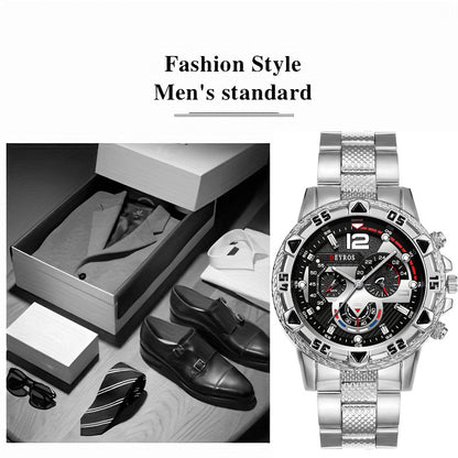 Men's Watch Bracelet Necklace Set 3pcs Quartz Stainless Steel – Casual Sport Fashion Accessory Gift Set for Men, Golden & Silvery
