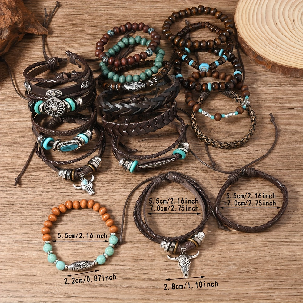 Random 24pcs Bohemian Retro Western Style Turquoise Bracelet, Multi-Layer Woven Feather Jewelry, Wooden Bead Alloy Bracelet, Perfect for Daily Wear As a Gift at Parties, Bracelet Beads, Party Jewelry, Gift for Her, Bohemian Jewelry, Western Charm