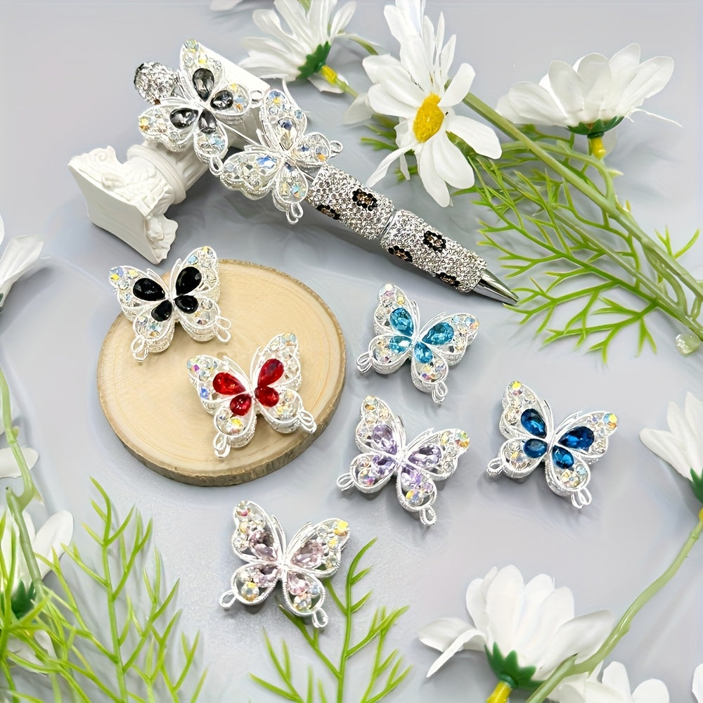 6pcs Rhinestone Butterfly Beads For Pens, Double-Sided Butterfly Charms For Jewelry Making Accessories, Pens, Bracelets, Necklaces, Assorted Varieties Mix Colors