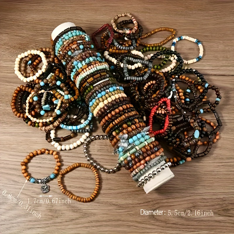 [Bohemian Wooden Beaded] 42pcs Set Vintage Style Bohemian Wooden Beaded Random Bracelets, Fashionable Stacking Bracelet Set For Women, Ethnic Men's Outdoor Accessory Collection