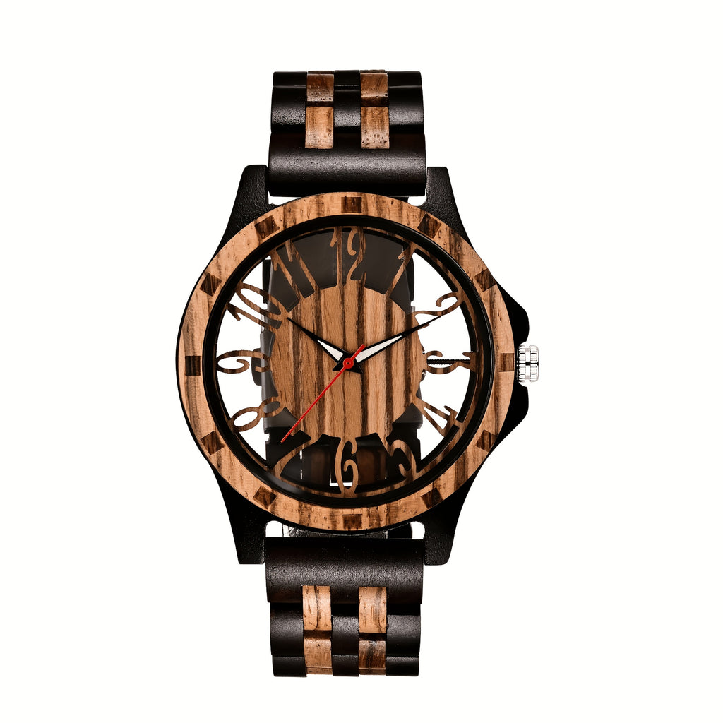 Men's Vintage All-Wood Watch with Large Dial & Hollow Three Sub-Dials - Quartz Movement, Wooden Band & Beige Dial, Includes Gift Box for Men, Everyday Timepiece, Retro Style Watch, Natural Grain Texture